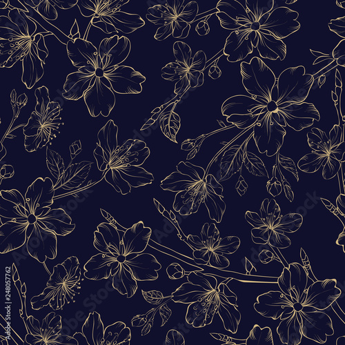 Blossom branch of golden apple flowers on blue background. Beautiful blooming flowers. Sacura seamless pattern. Greeting or invitation card. Vector illustration.