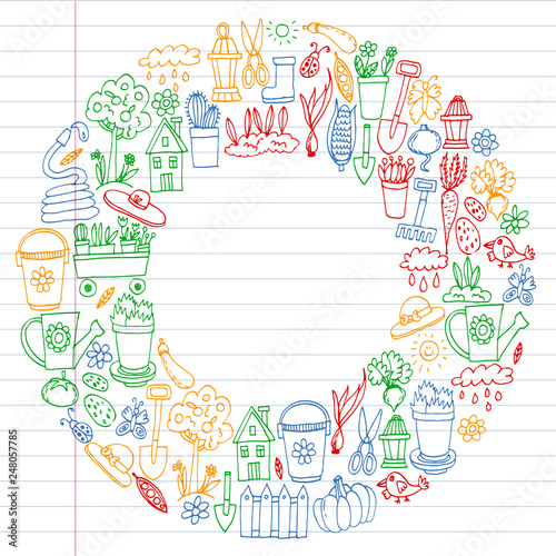 Garden, agriculture, garden tools, equipment, harvest. Icons of gardening items.