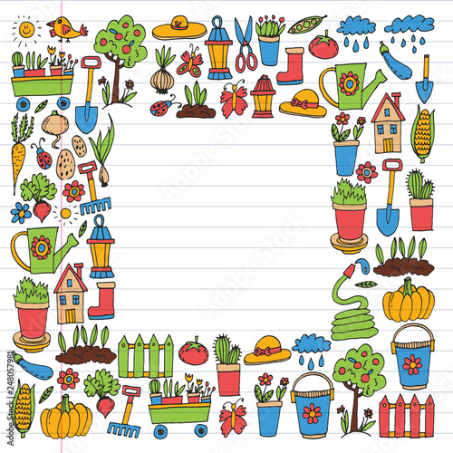 Garden, agriculture, garden tools, equipment, harvest. Icons of gardening items.