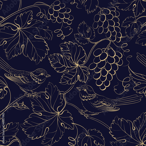 Vine seamless pattern for package design. Old style golden background with grape berries and leaves. Vector illustration.