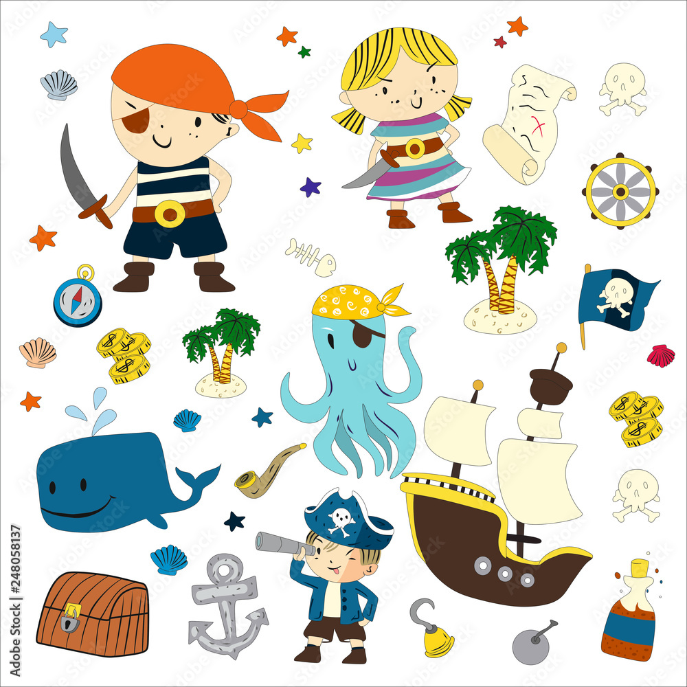 Obraz premium Cartoon pirates whale parrot blindfold saber frigate chest tube octopus palm flag flag steering sailor