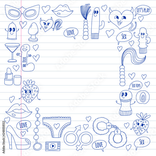 Funny icons for sex shop. Cute cartoon characters. Dildo, strawberry, condom, heart. Love and play