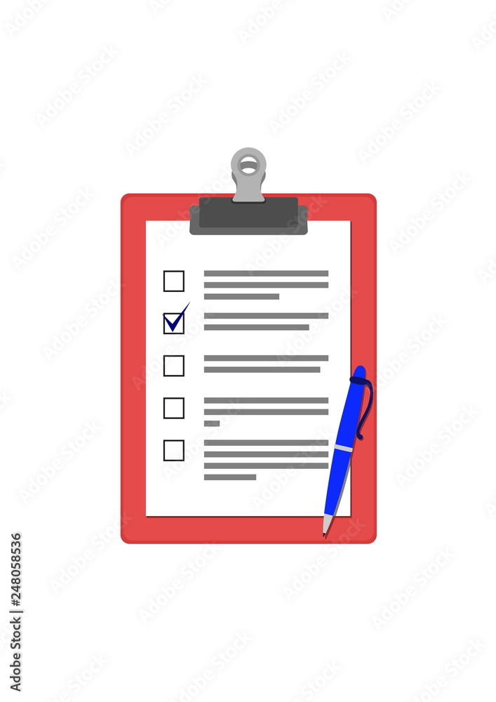 Writing pad paper clipboard red color with blank of questionnaire with mark and a blue pen Writing pad paper clipboard red color with blank of questionnaire with mark and a blue pen