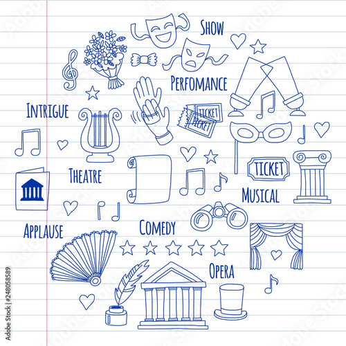 Vector set with theatre icons. Entertainment, show, musical perfomance
