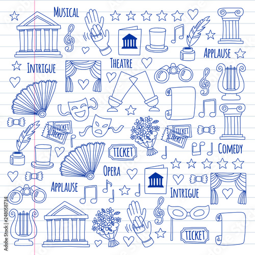 Vector set with theatre icons. Entertainment, show, musical perfomance