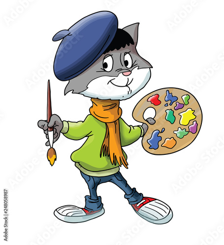 Cartoon cat painter holding a brush and a palette in his hands vector illustration