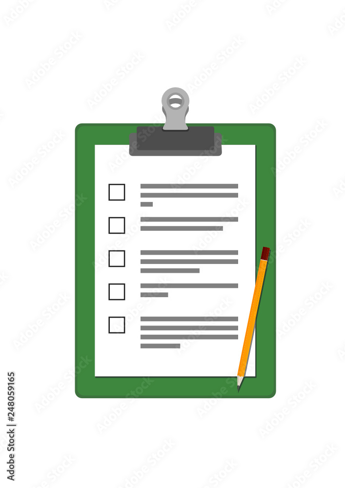 Writing pad paper clipboard green color with blank of questionnaire and a pencil Writing pad paper clipboard green color with blank of questionnaire and a pencil