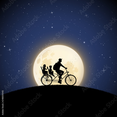 Father with children on bicycle on moonlit night. Vector illustration with silhouette of family riding bike on hill in park. Full moon in starry sky.