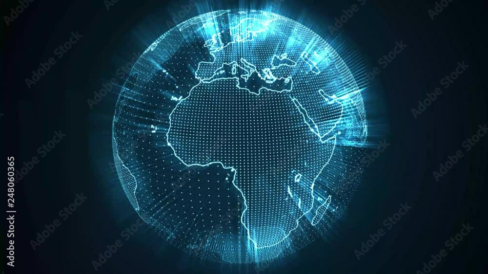 Glowing earth globe is rotating on black background. Looping animation.
