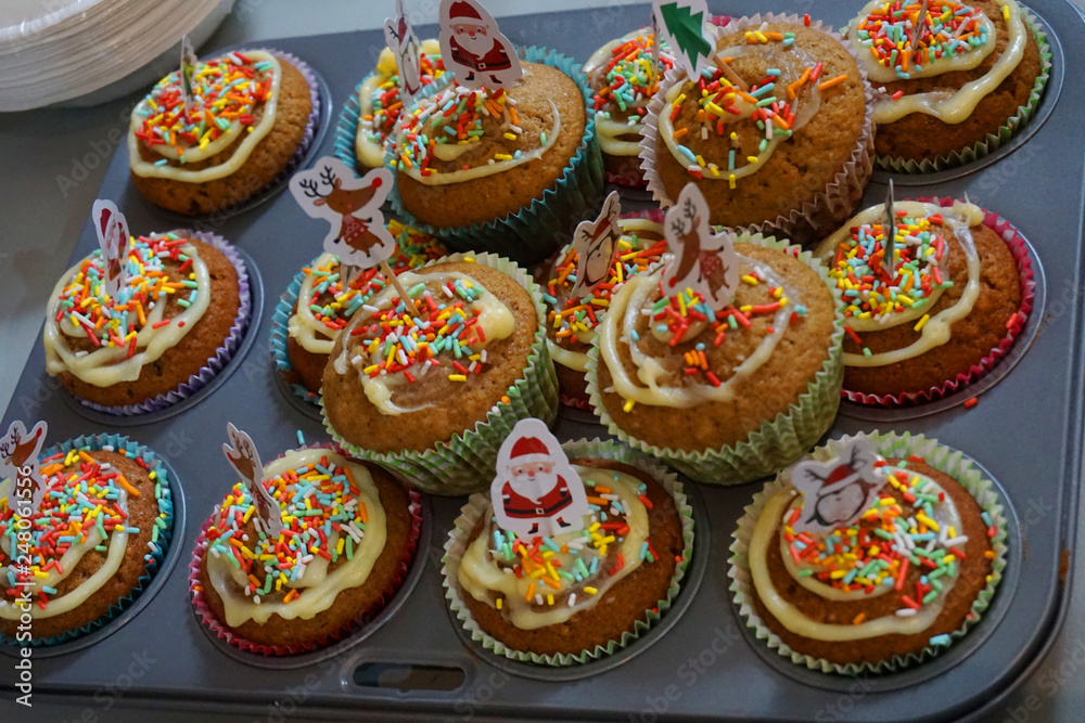 Delicious banana muffin with cream cheese 100 & 1000's topping Christmas decoration baking homemade cake sweet dessert bakery holiday spirit sugar unhealthy food Delicious banana muffin with cream cheese 100 & 1000's topping Christmas decoration baking homemade cake sweet dessert bakery holiday spirit sugar unhealthy food