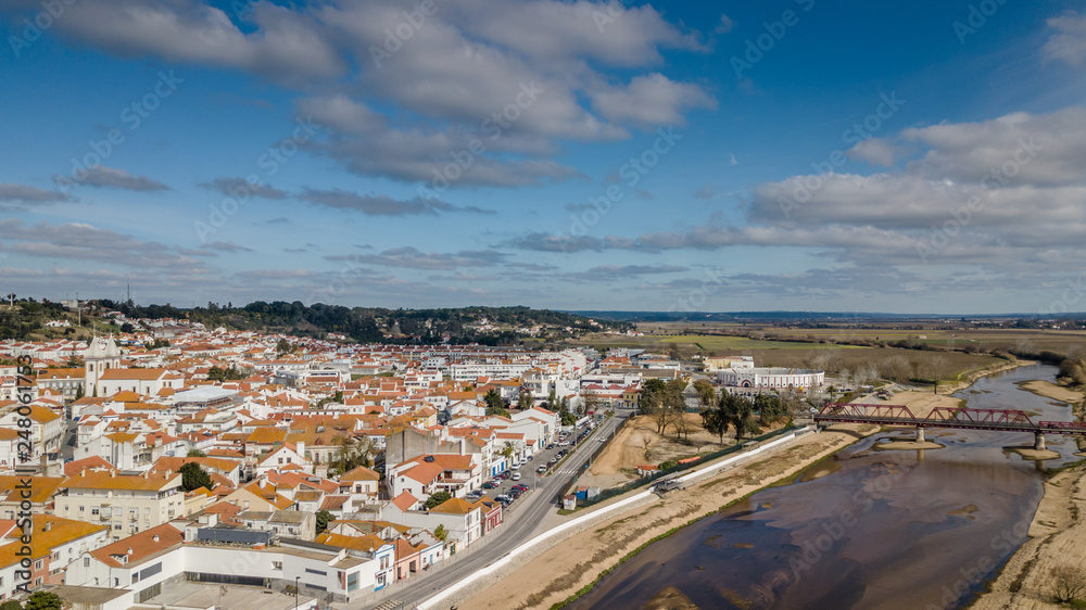 Portugal, Ribatejo Region, Santarem, Coruche on the banks of the Sorraia River. Aerial view in drone..