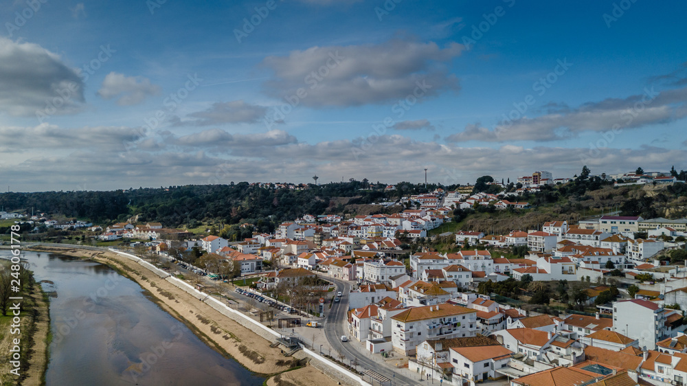 Portugal, Ribatejo Region, Santarem, Coruche on the banks of the Sorraia River. Aerial view in drone..