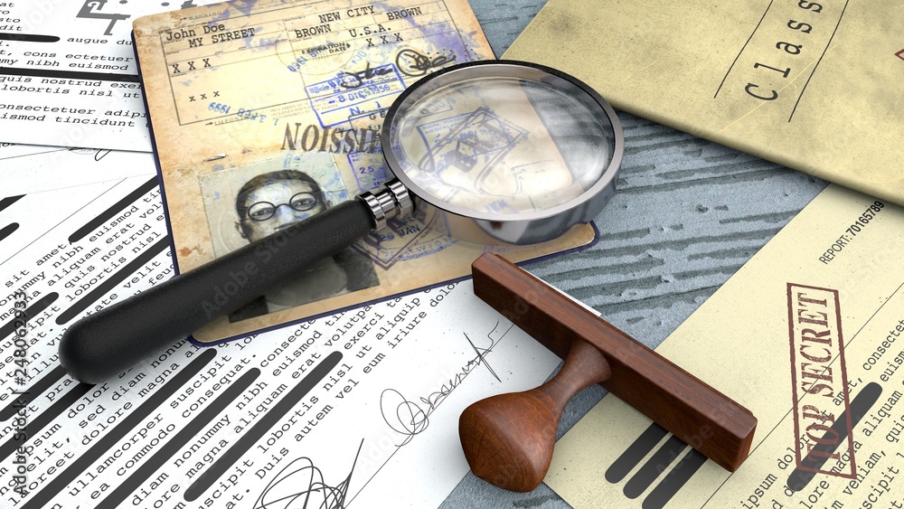 Illustrazione Stock Top secret document, declassified, confidential  information, secret text. Non-public information. Sheet of paper with classified  information. Rubber stamp and magnifying glass. Passport, secret agent |  Adobe Stock