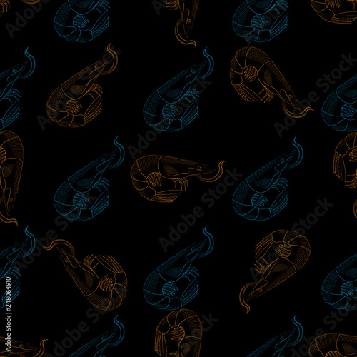 Shrimp sea Caridea animal engraving vector seamless pattern