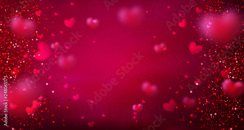 Happy Valentine's Day greeting card. Cute love banner for 14 February. Holiday background with 3d hearts, light, stars