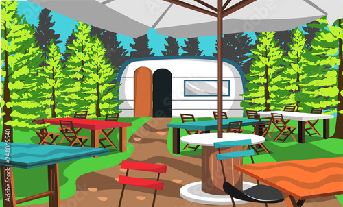 Clean Cafe Camp On The Nature Forest With Chair And Camping Table, Cafe Tent, Trash, Food And Big Green Tree For Vector Illustration Ideas