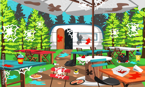 Dirty Cafe Camp On The Nature Forest With Chair And Camping Table, Cafe Tent, Trash, Food And Big Green Tree For Vector Illustration Ideas