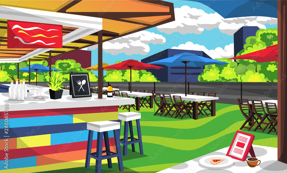 Clean Rooftop Cafe Outdoor With Big Table And Chair With Umbrella Cafe Tent, Bars Order, Foods, Bottles For Vector Illustration Restaurant Outdoor Ideas