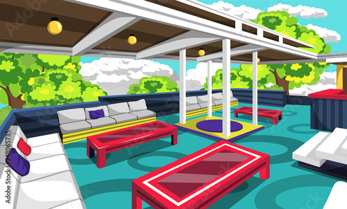 Clean Rooftop Cafe Outdoor With Cozy Sofa, Red Table, Yellow Lamps, Chair And Bars For Vector Illustration Restaurant Outdoor Ideas