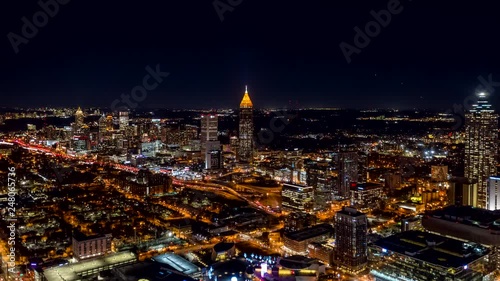 Atlanta Aerial v483 Hyperlapse crossing low to high over downtown at night, picturesque cityscape 12/18