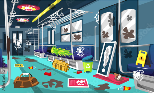 Dirty Train Commuter Line Railway Compartment With Colorful Interior, Little Tree, Trash Can, Wall Picture, Floor Sign For Vector Illustration Ideas