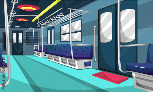 Train Commuter Line Railway Compartment With Colorful Interior, Little Tree, Trash Can, Wall Picture, Floor Sign For Vector Illustration Ideas