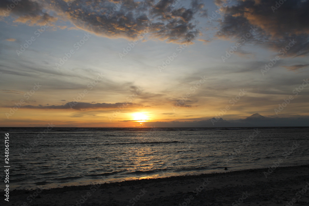 GILI TRAWANGAN, INDONESIA - December 02, 2013: Sunset  at the Beach of Gili Trawangan. The biggest of the three popular Islands near Lombok, Indoniesia.