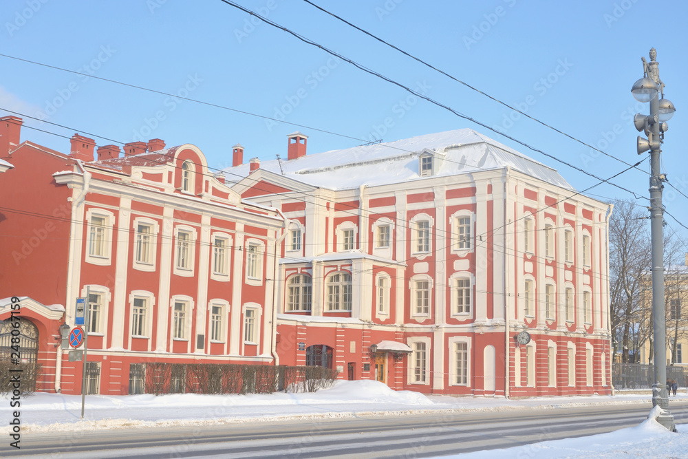 Building of Petersburg State University at night in St. Petersburg,.