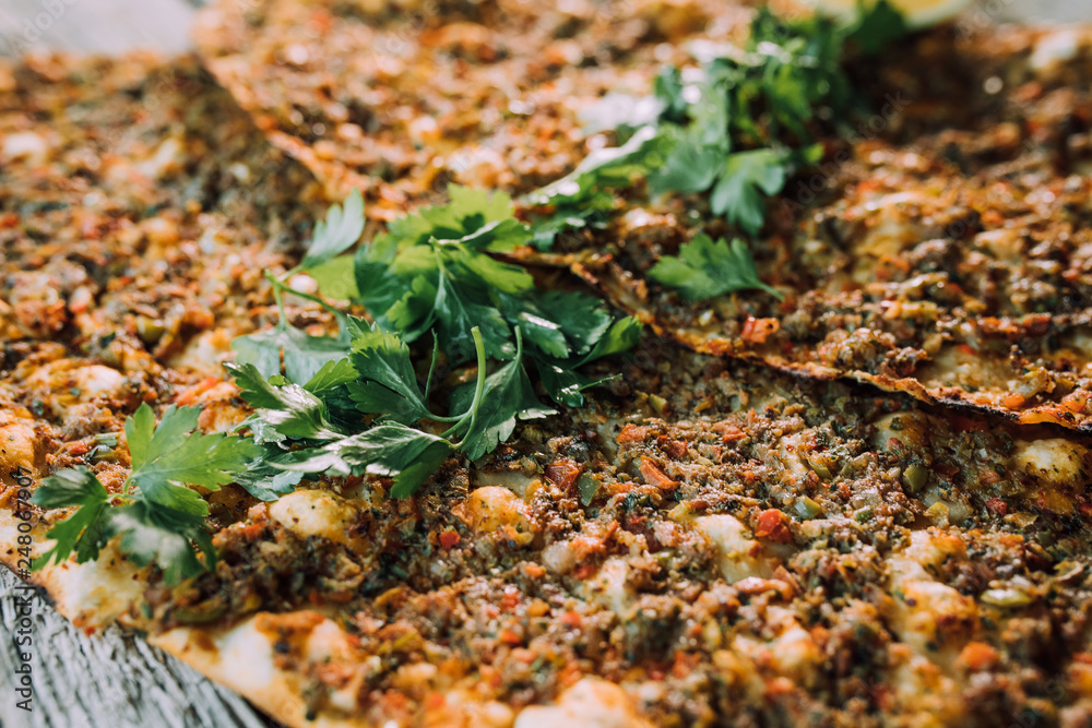 Traditional Turkish food Lahmacun. Also Known Turkish Pizza in Turkish Restaurant Traditional Turkish food Lahmacun. Also Known Turkish Pizza in Turkish Restaurant