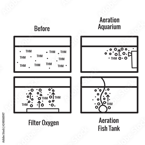 Aeration of water. Before after and different types of bubble filters for the aquarium. The scheme is isolated on a white