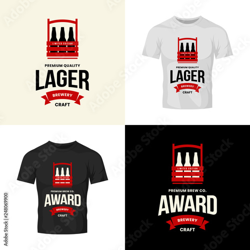 Modern craft beer drink vector logo sign for bar, pub, store, brewhouse or brewery isolated on t-shirt mock up. Premium quality bottle box logotype illustration set. Brewing fest fashion badge design 