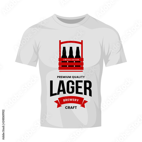 Modern craft beer drink vector logo sign for bar, pub, store, brewhouse or brewery isolated on white t-shirt mock up. Premium quality bottle box logotype illustration. Brewing fashion badge design.