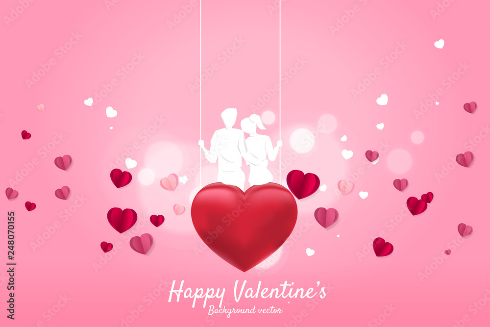 Lover couple sitting together on swing in romantic scene. valentine's day and love and anniversary theme.