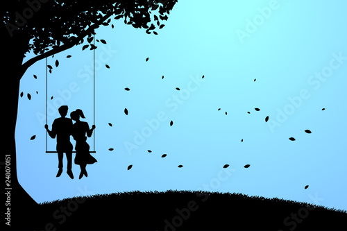 Lover couple sitting together on swing in romantic scene under the big tree . valentine's day and love and anniversary theme.