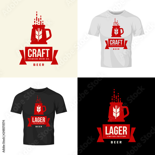 Modern craft beer drink vector logo sign for bar, pub, store, brewhouse or brewery isolated on t-shirt mock up. Premium quality mug logotype illustration set. Brewing fest fashion badge design bundle.