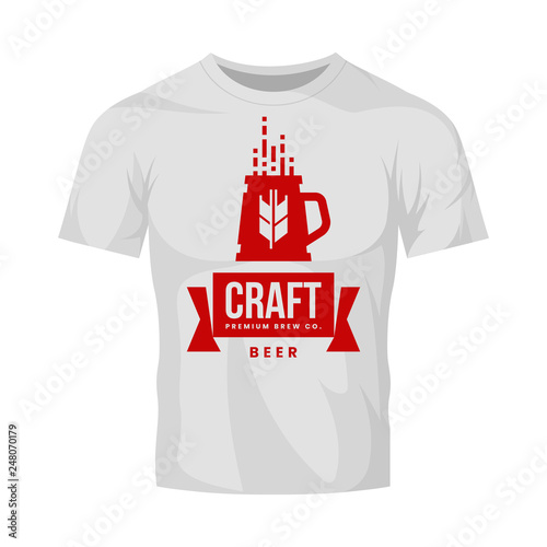 Modern craft beer drink vector logo sign for bar, pub, store, brewhouse or brewery isolated on white t-shirt mock up. Premium quality mug logotype illustration. Brewing fest fashion badge design.