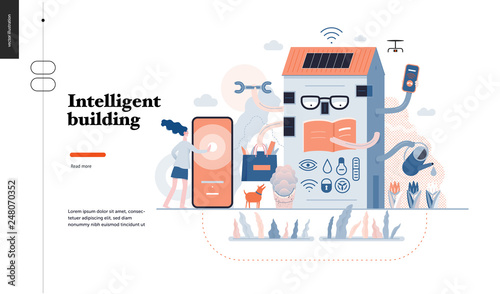 Technology 3-Intelligent building, modern flat vector concept digital illustration Smart house and management metaphor -woman and building resolving problems. Creative landing web page design template