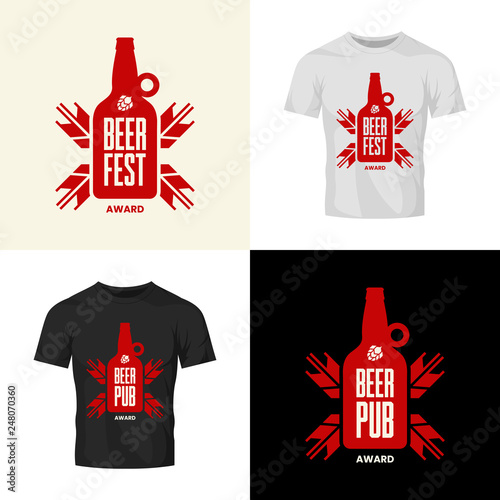 Modern craft beer drink vector logo sign for bar, pub, store, brewhouse or brewery isolated on t-shirt mock up. Premium quality bottle logotype illustration set. Brewing fest fashion badge design bund