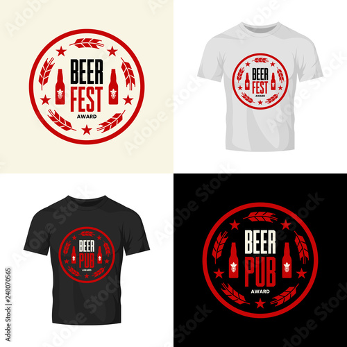 Modern craft beer drink vector logo sign for bar, pub, store, brewhouse or brewery isolated on t-shirt mock up. Premium quality round logotype illustration set. Brewing fest fashion badge design bundl
