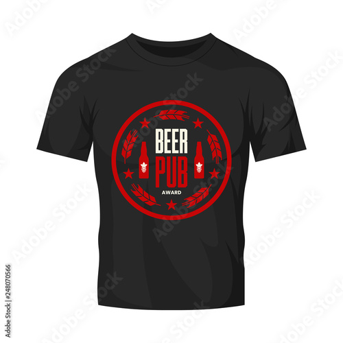 Modern craft beer drink vector logo sign for bar, pub, store, brewhouse or brewery isolated on black t-shirt mock up. Premium quality emblem logotype illustration. Brewing fest round badge design.
