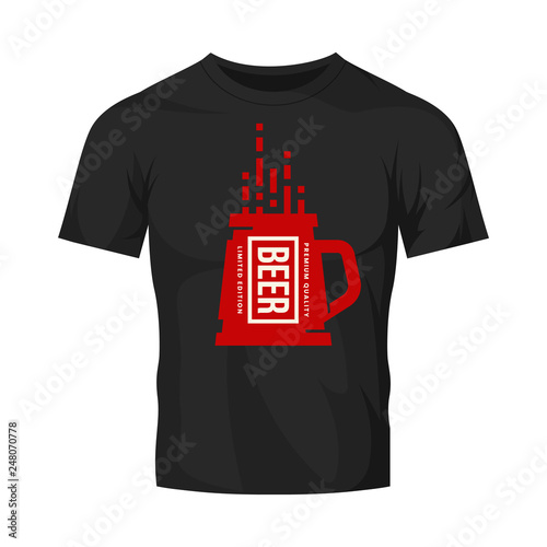 Modern craft beer drink vector logo sign for bar, pub, store, brewhouse or brewery isolated on black t-shirt mock up. Premium quality mug logotype illustration. Brewing fest fashion badge design.