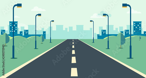 Cityscape scene with road , trees and sky background vector illustration.Main street to town concept.Urban scene with nature background