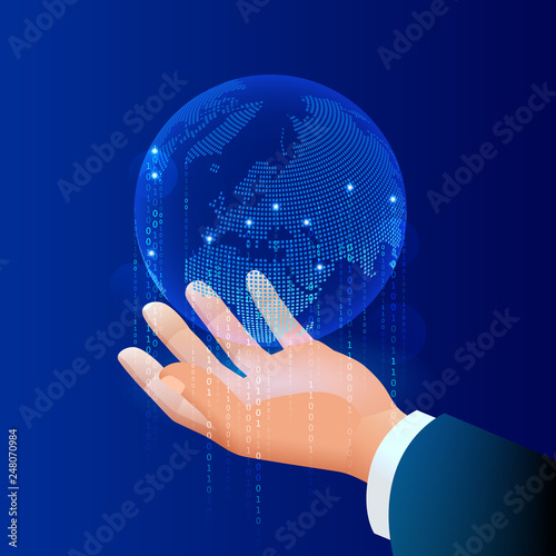 Global communication Internet network around the planet. Network and data exchange over planet. Connected satellites for finance, cryptocurrency or IoT technology