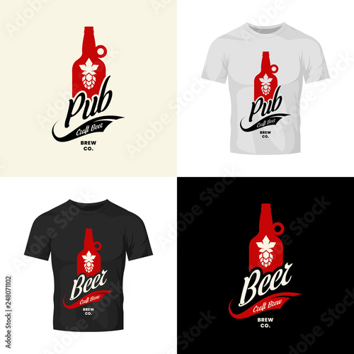 Modern craft beer drink vector logo sign for bar, pub, store, brewhouse or brewery isolated on t-shirt mock up. Premium quality bottle logotype illustration set. Brewing fest fashion badge design bund