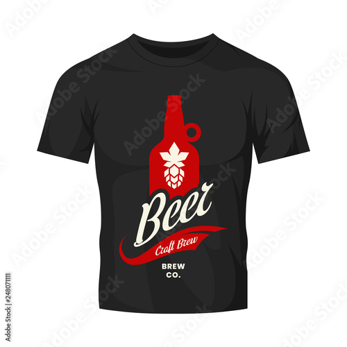 Modern craft beer drink vector logo sign for bar, pub, store, brewhouse or brewery isolated on black t-shirt mock up. Premium quality bottle logotype illustration. Brewing fest fashion badge design.