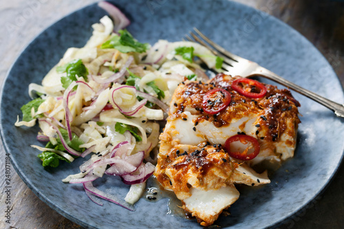 Soy and ginger glazed cod with fennel and onion salad