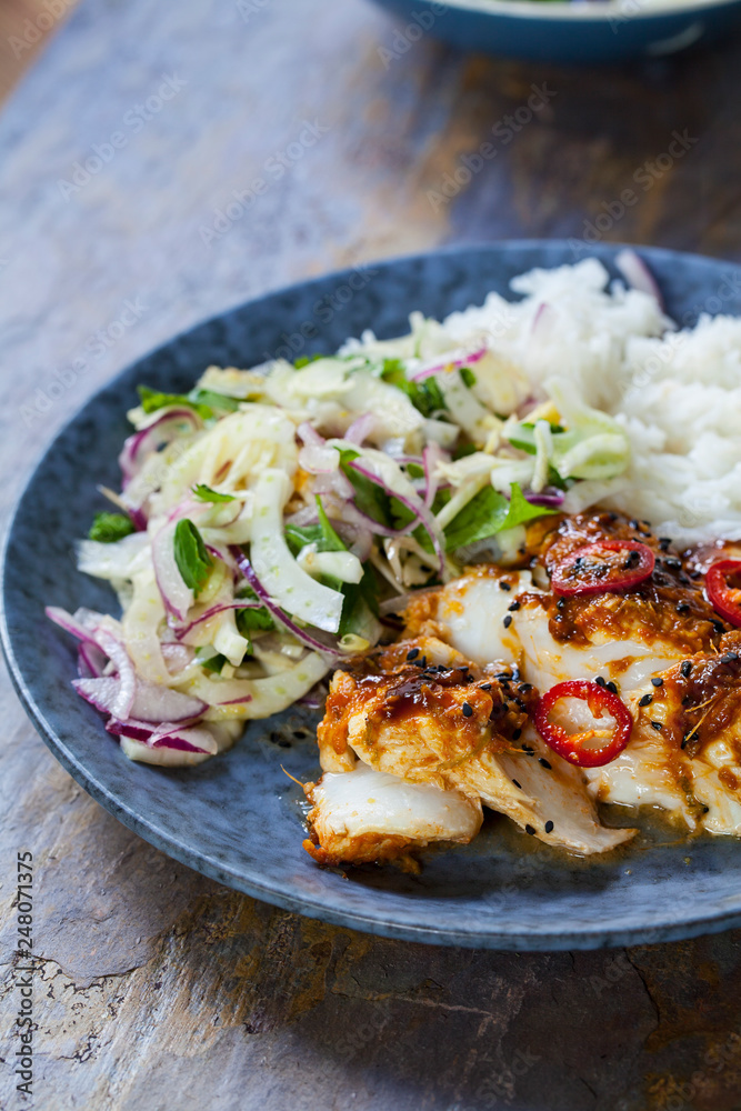 Soy and ginger glazed cod with fennel and onion salad Soy and ginger glazed cod with fennel and onion salad