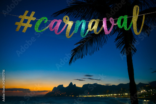 Obraz na płótnie Carnival message in elegant colored gold script with a modern social media hasht
