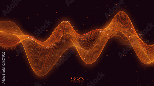 Big data orange wave visualization. Futuristic infographic. Information aesthetic design. Visual data complexity. Complex business chart analytics. Social network representation. Abstract data graph.
