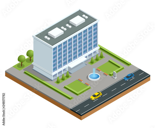 Isometric modern business center with parking and cars. Commercial office building isolated vector illustration